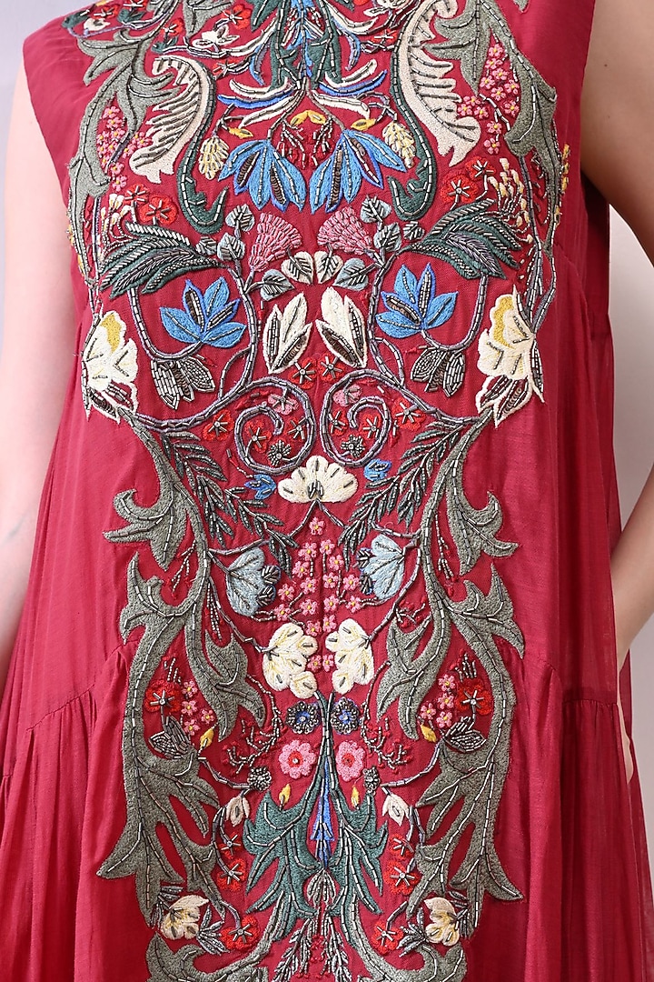 Maroon Organza Hand Embroidered Maxi Party Wear Dress by Samant Chauhan at Pernia's Pop Up Shop