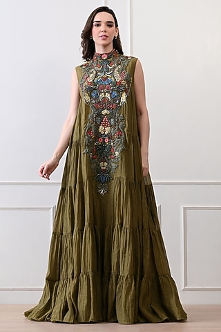 Green Organza Hand Embroidered Maxi Dress by Samant Chauhan