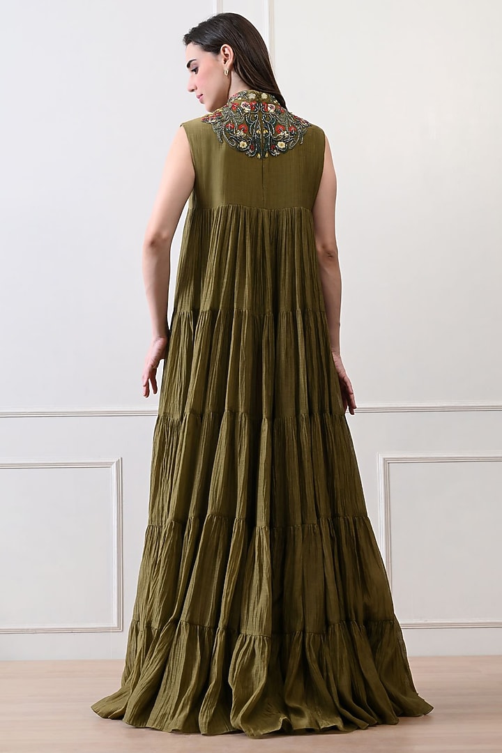Green Organza Hand Embroidered Maxi Party Wear Dress by Samant Chauhan at Pernia's Pop Up Shop