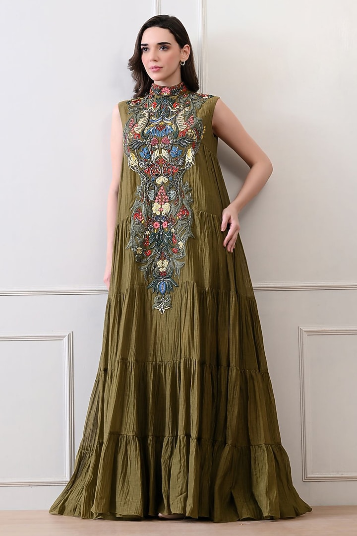 Green Organza Hand Embroidered Maxi Party Wear Dress by Samant Chauhan at Pernia's Pop Up Shop