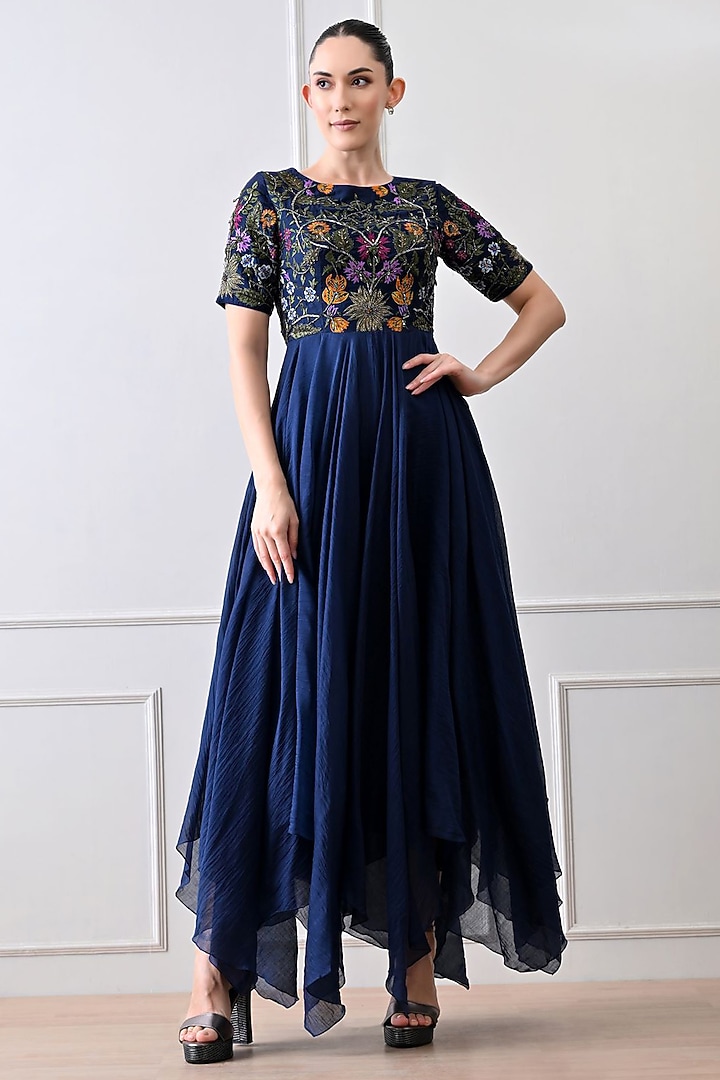 Blue Shimmer Floral Embroidered Wedding Anarkali by Samant Chauhan at Pernia's Pop Up Shop