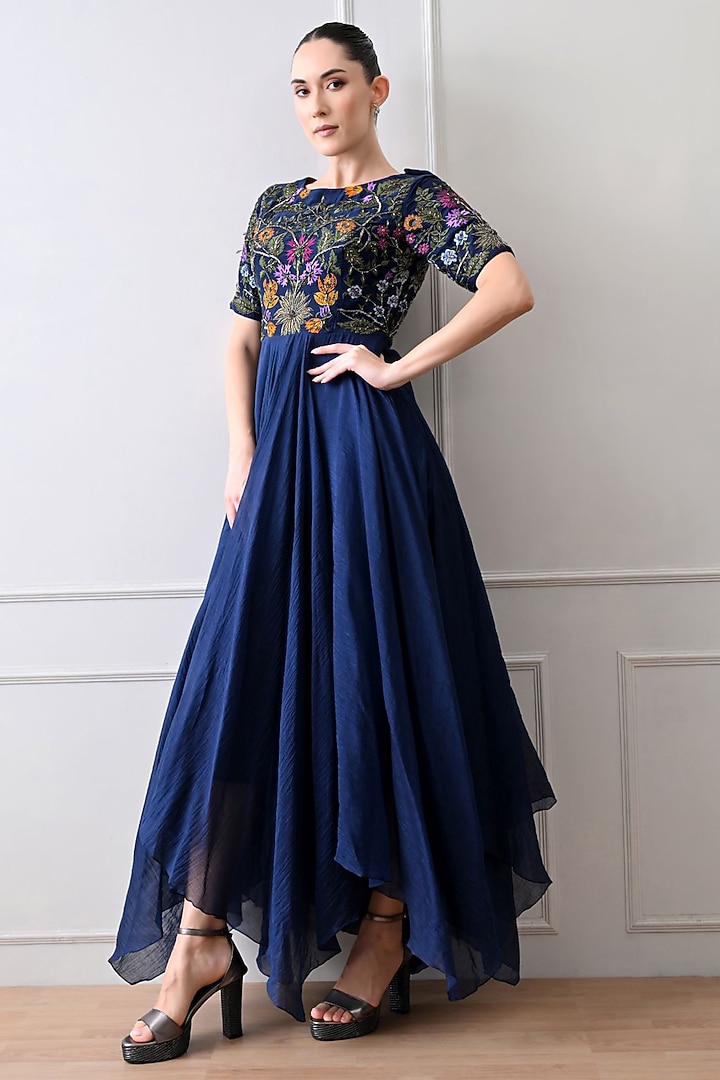 Blue Shimmer Floral Embroidered Wedding Anarkali by Samant Chauhan at Pernia's Pop Up Shop