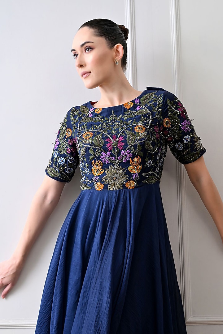 Blue Shimmer Floral Embroidered Wedding Anarkali by Samant Chauhan at Pernia's Pop Up Shop