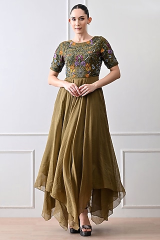 Green Shimmer Floral Embroidered Anarkali by Samant Chauhan