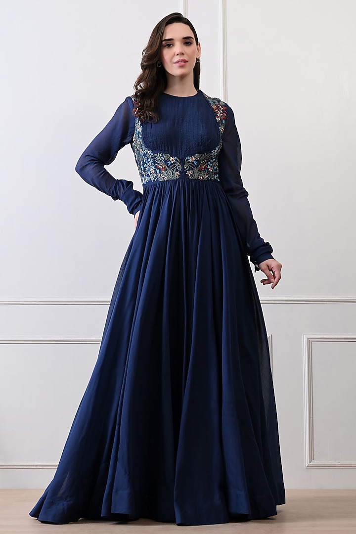 Blue Chanderi Floral Embroidered Wedding Anarkali by Samant Chauhan at Pernia's Pop Up Shop