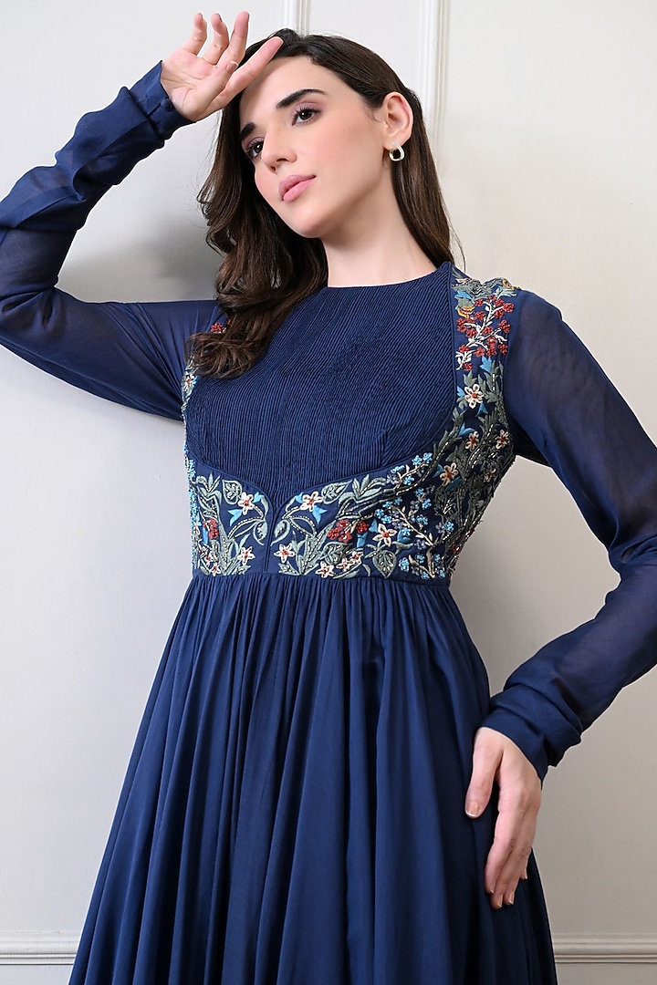 Blue Chanderi Floral Embroidered Wedding Anarkali by Samant Chauhan at Pernia's Pop Up Shop