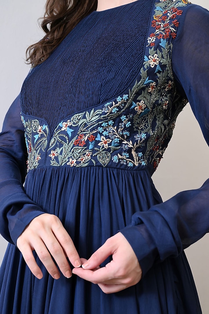 Blue Chanderi Floral Embroidered Wedding Anarkali by Samant Chauhan at Pernia's Pop Up Shop
