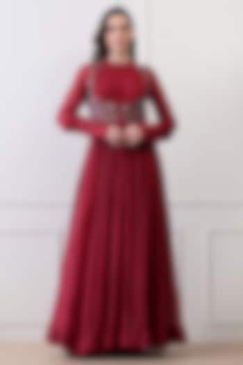 Maroon Chanderi Floral Embroidered Wedding Anarkali by Samant Chauhan at Pernia's Pop Up Shop