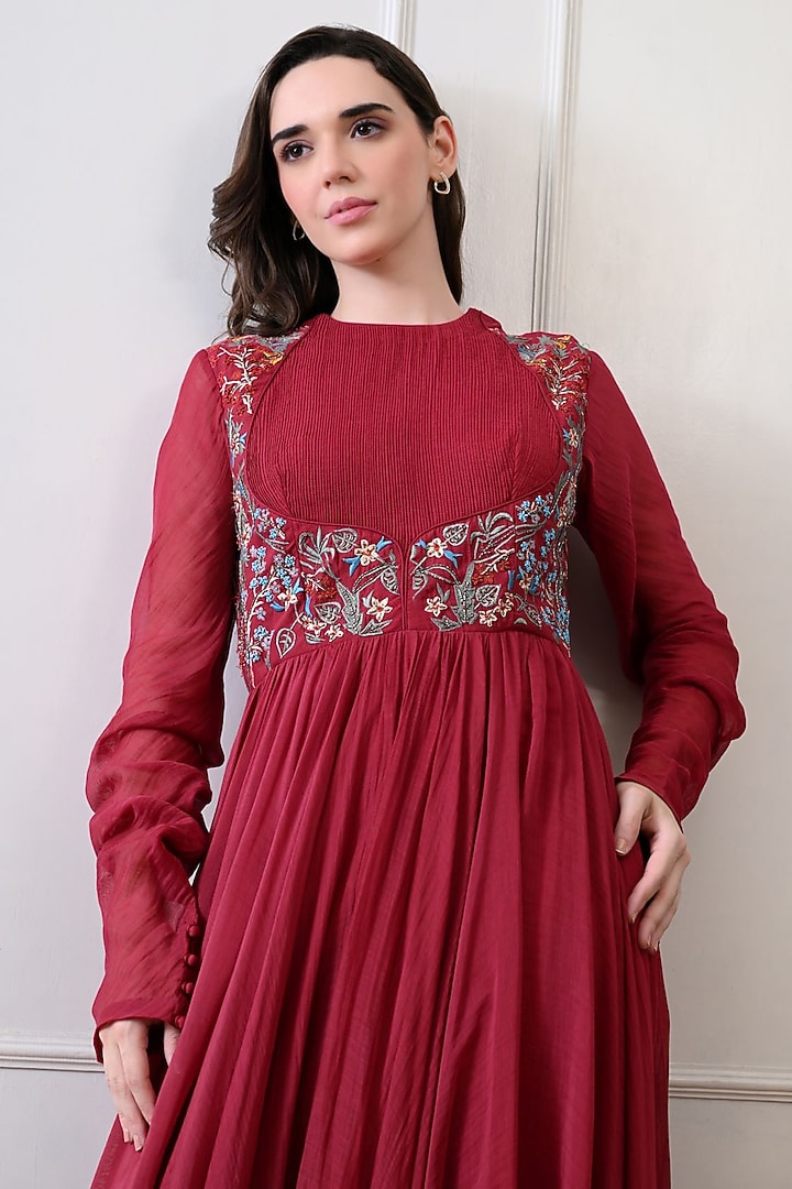 Maroon Chanderi Floral Embroidered Wedding Anarkali by Samant Chauhan at Pernia's Pop Up Shop
