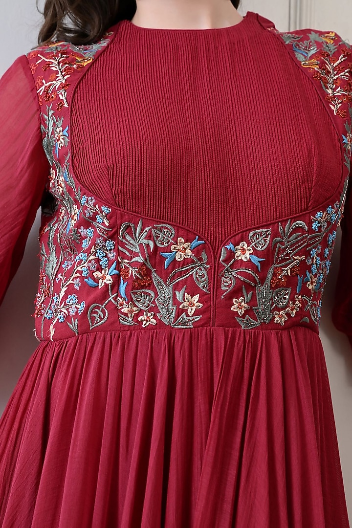 Maroon Chanderi Floral Embroidered Wedding Anarkali by Samant Chauhan at Pernia's Pop Up Shop