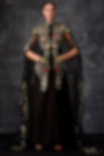 Black Cotton Silk & Organza Embroidered Cape Wedding Gown by Samant Chauhan at Pernia's Pop Up Shop