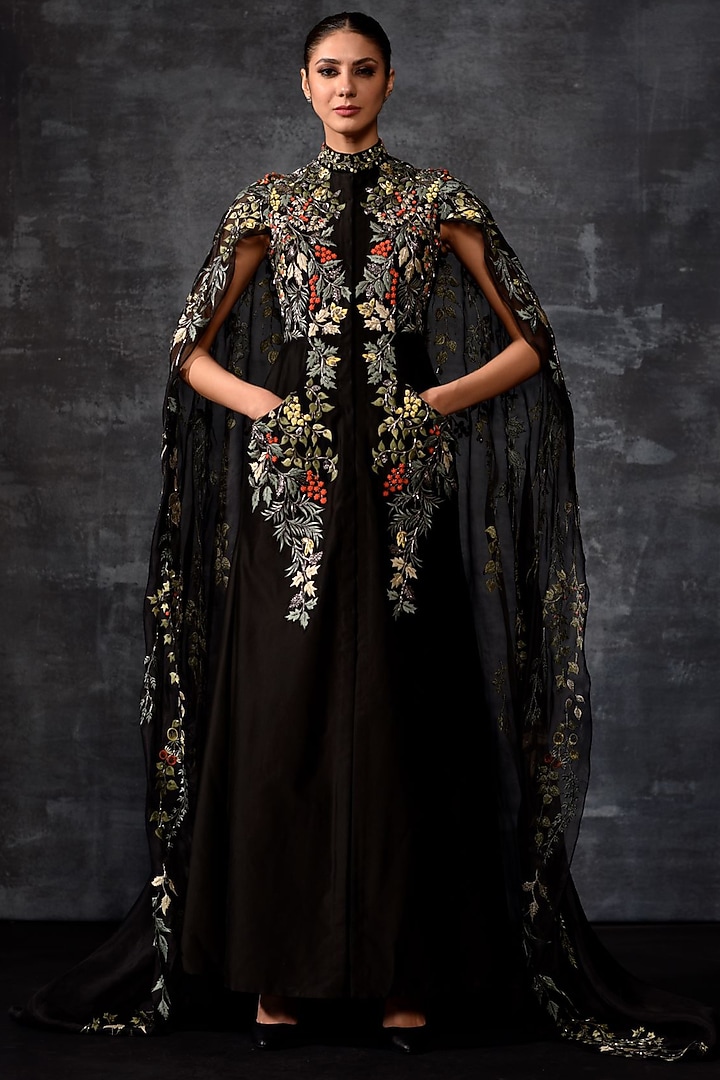 Black Cotton Silk & Organza Embroidered Cape Wedding Gown by Samant Chauhan at Pernia's Pop Up Shop