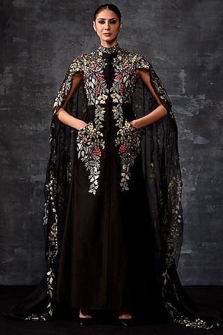 Black Cotton Silk & Organza Embroidered Cape Gown by Samant Chauhan