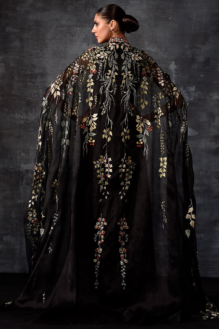 Black Cotton Silk & Organza Embroidered Cape Wedding Gown by Samant Chauhan at Pernia's Pop Up Shop