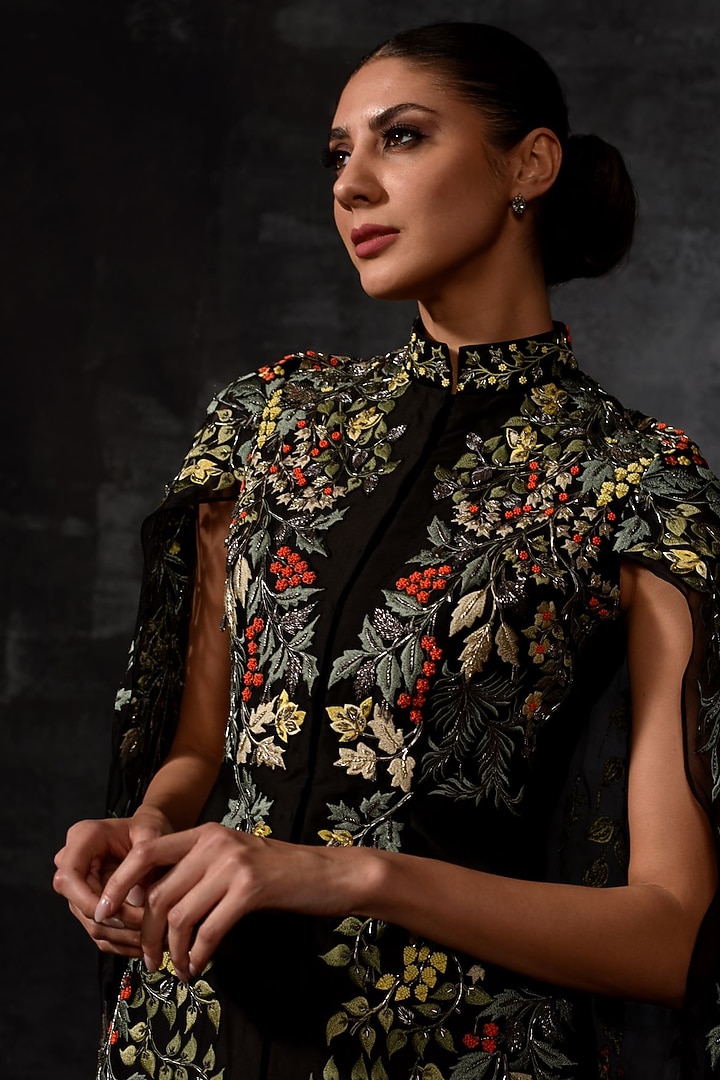 Black Cotton Silk & Organza Embroidered Cape Wedding Gown by Samant Chauhan at Pernia's Pop Up Shop