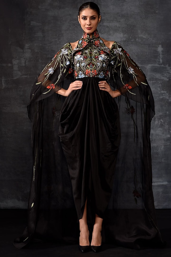 Black Cotton Silk & Organza Embroidered Engagement Gown by Samant Chauhan at Pernia's Pop Up Shop