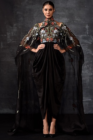 Black Cotton Silk & Organza Embroidered Gown by Samant Chauhan