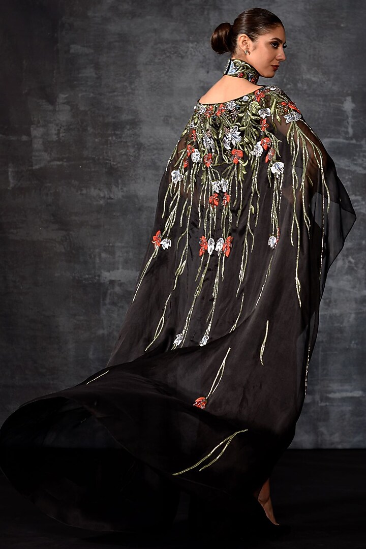 Black Cotton Silk & Organza Embroidered Engagement Gown by Samant Chauhan at Pernia's Pop Up Shop