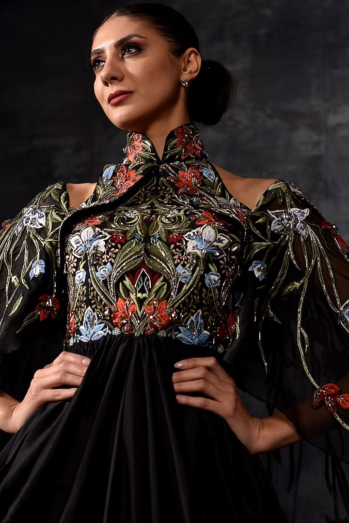 Black Cotton Silk & Organza Embroidered Engagement Gown by Samant Chauhan at Pernia's Pop Up Shop