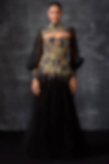 Black Cotton Silk & Organza Embroidered Engagement Gown by Samant Chauhan at Pernia's Pop Up Shop