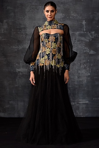 Black Cotton Silk & Organza Embroidered Gown by Samant Chauhan