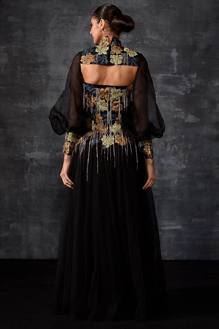 Black Cotton Silk & Organza Embroidered Engagement Gown by Samant Chauhan at Pernia's Pop Up Shop