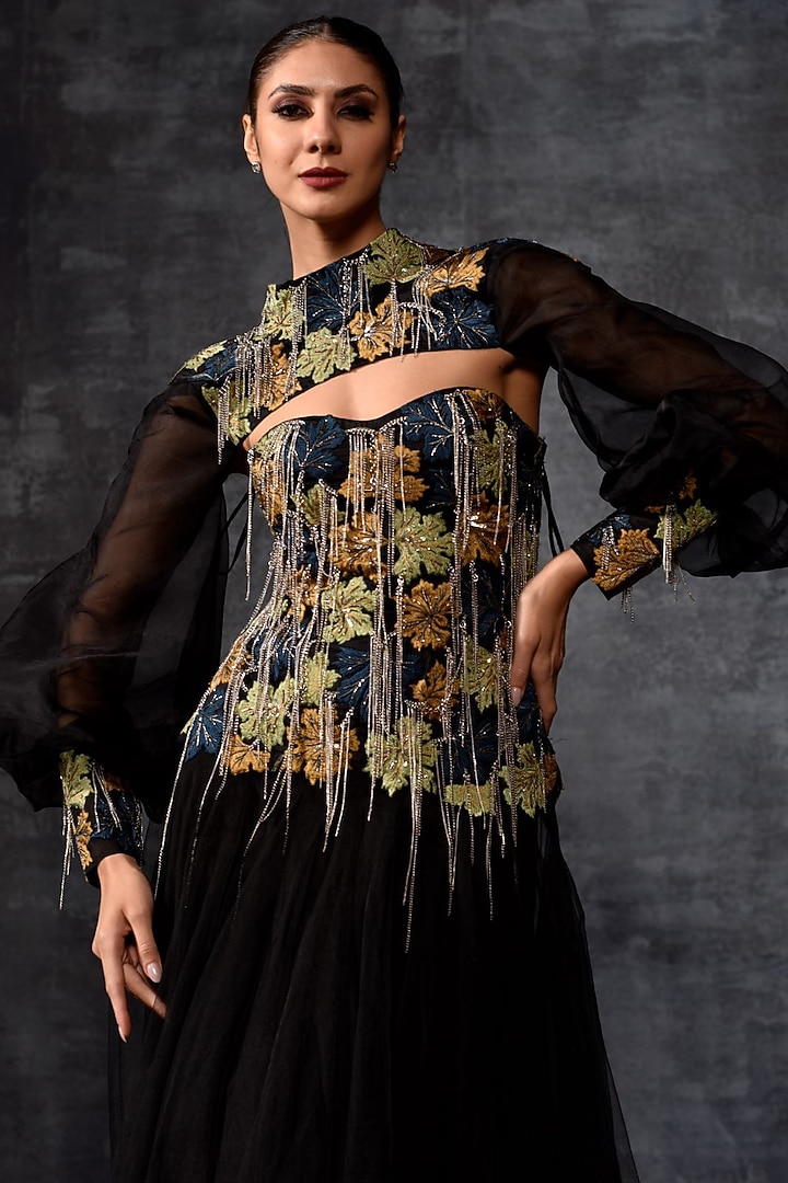 Black Cotton Silk & Organza Embroidered Engagement Gown by Samant Chauhan at Pernia's Pop Up Shop