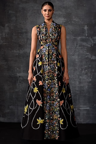 Black Cotton SIlk Embroidered Sleeveless Gown by Samant Chauhan