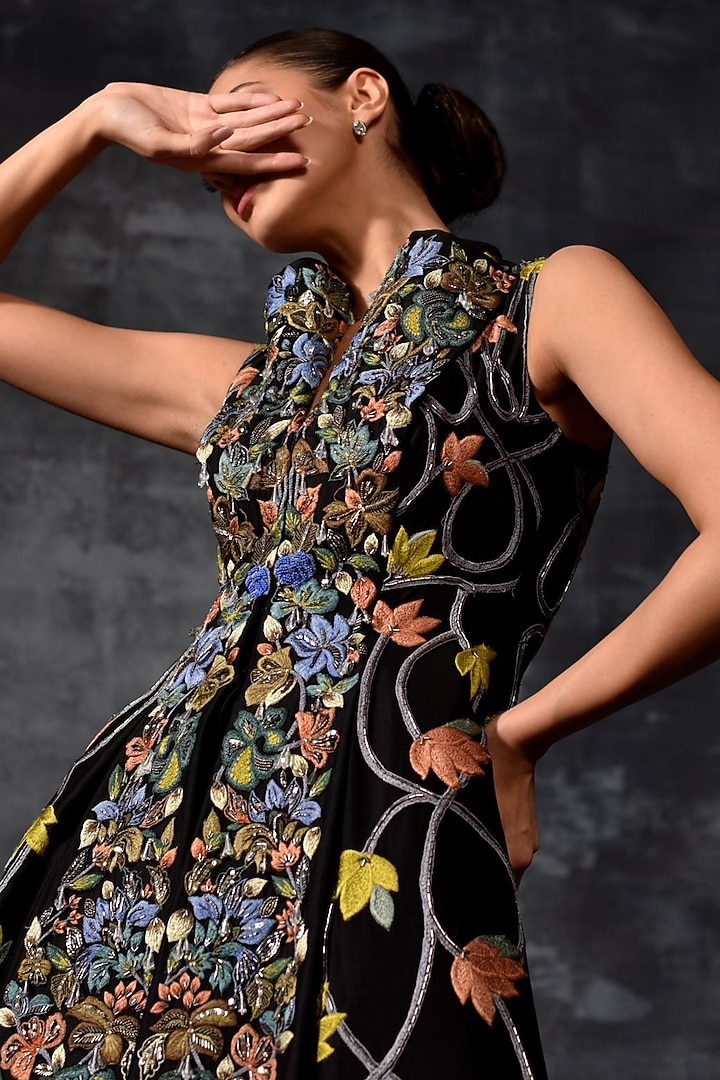 Black Cotton SIlk Embroidered Sleeveless Wedding Gown by Samant Chauhan at Pernia's Pop Up Shop