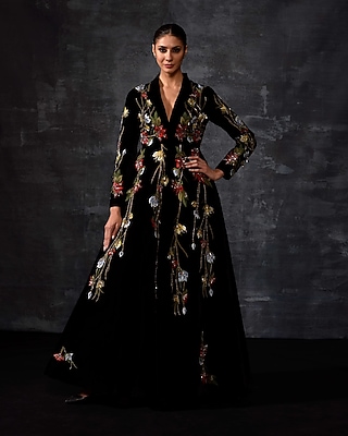 Black Velvet Embroidered Jacket Gown by Samant Chauhan