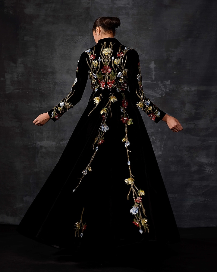 Black Velvet Embroidered Jacket Wedding Gown by Samant Chauhan at Pernia's Pop Up Shop