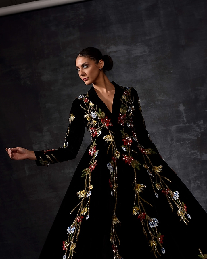 Black Velvet Embroidered Jacket Wedding Gown by Samant Chauhan at Pernia's Pop Up Shop