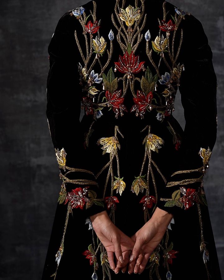 Black Velvet Embroidered Jacket Wedding Gown by Samant Chauhan at Pernia's Pop Up Shop