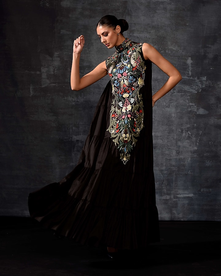 Black Cotton & Cotton Silk Embroidered Maxi Party Wear Dress by Samant Chauhan at Pernia's Pop Up Shop