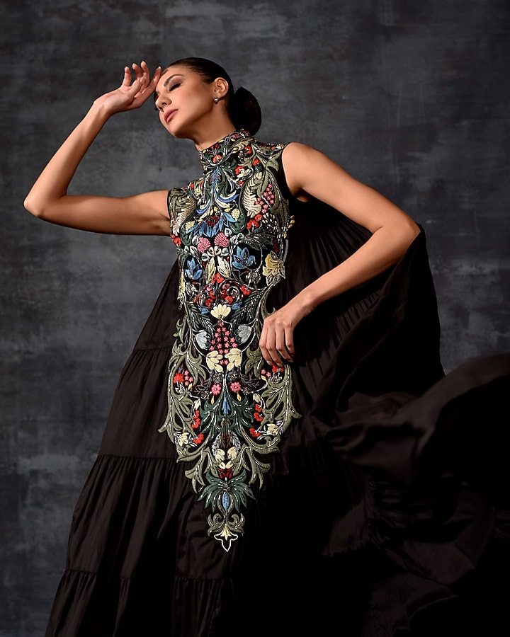 Black Cotton & Cotton Silk Embroidered Maxi Party Wear Dress by Samant Chauhan at Pernia's Pop Up Shop