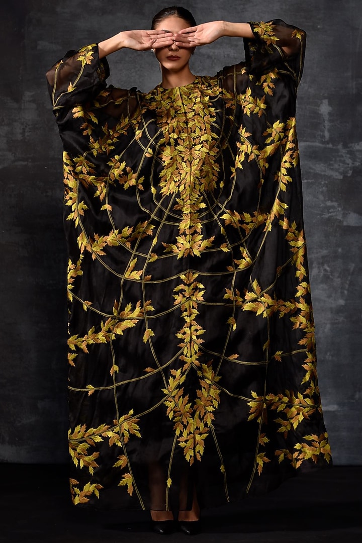 Black Cotton Silk Embroidered Kaftan by Samant Chauhan at Pernia's Pop Up Shop