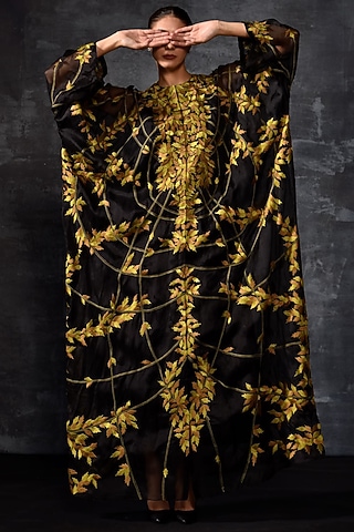 Black Cotton Silk Embroidered Kaftan by Samant Chauhan