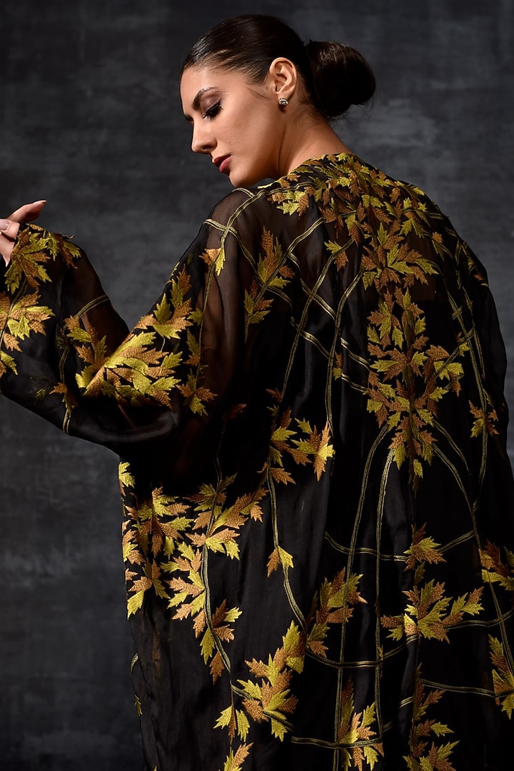 Black Cotton Silk Embroidered Kaftan by Samant Chauhan at Pernia's Pop Up Shop