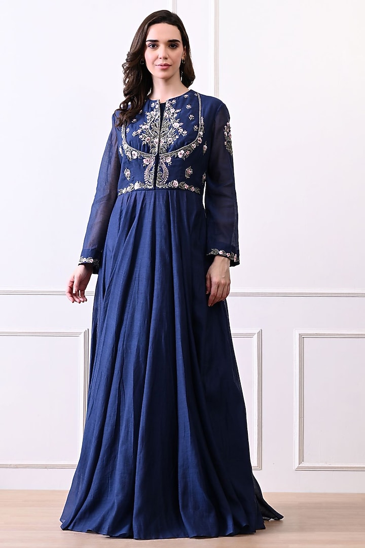 Blue Organza Floral Embroidered Wedding Anarkali by Samant Chauhan at Pernia's Pop Up Shop