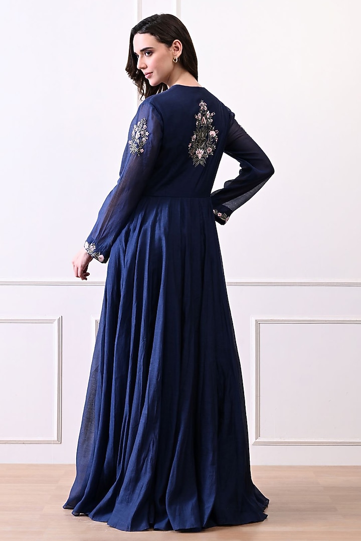 Blue Organza Floral Embroidered Wedding Anarkali by Samant Chauhan at Pernia's Pop Up Shop