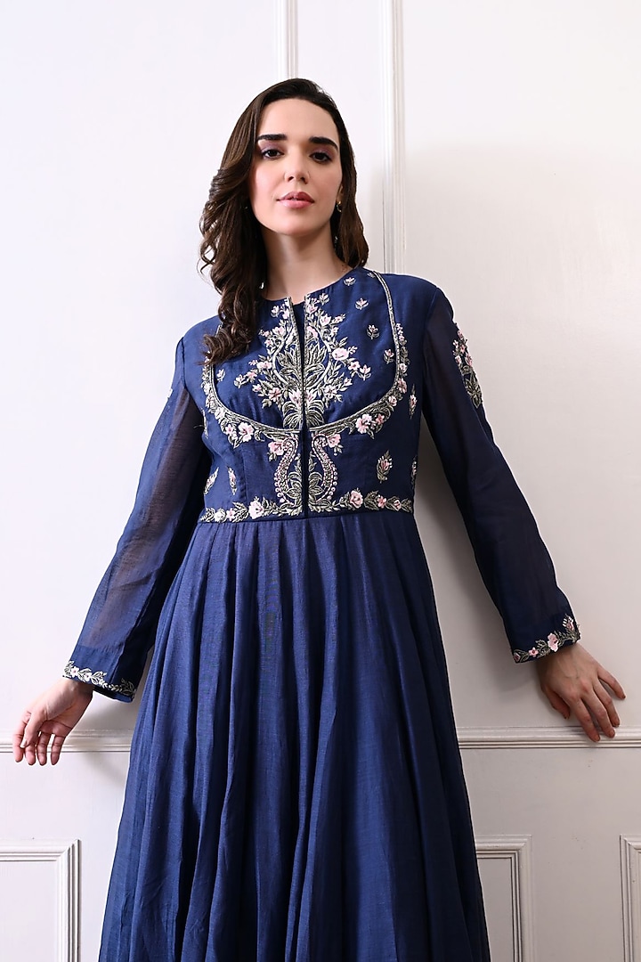 Blue Organza Floral Embroidered Wedding Anarkali by Samant Chauhan at Pernia's Pop Up Shop