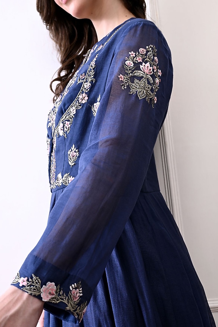 Blue Organza Floral Embroidered Wedding Anarkali by Samant Chauhan at Pernia's Pop Up Shop