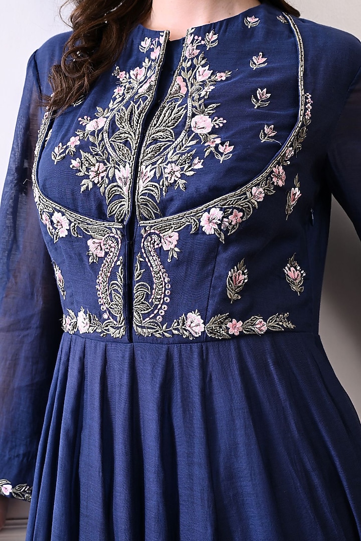 Blue Organza Floral Embroidered Wedding Anarkali by Samant Chauhan at Pernia's Pop Up Shop