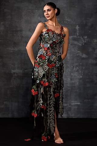 Black Cotton Silk & Organza Embroidered Gown by Samant Chauhan