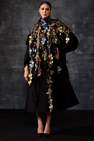 Black Cotton Silk Embroidered Cape Set by Samant Chauhan