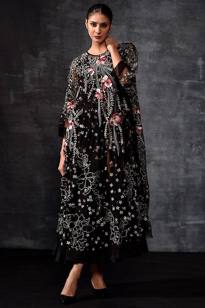 Black Net & Cotton Embroidered Cape Party Wear Dress by Samant Chauhan at Pernia's Pop Up Shop