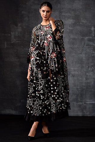 Black Net & Cotton Embroidered Cape Dress by Samant Chauhan