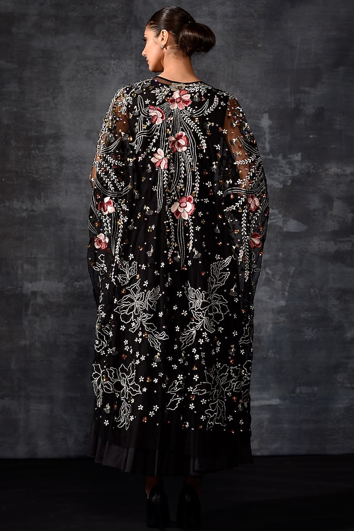 Black Net & Cotton Embroidered Cape Party Wear Dress by Samant Chauhan at Pernia's Pop Up Shop