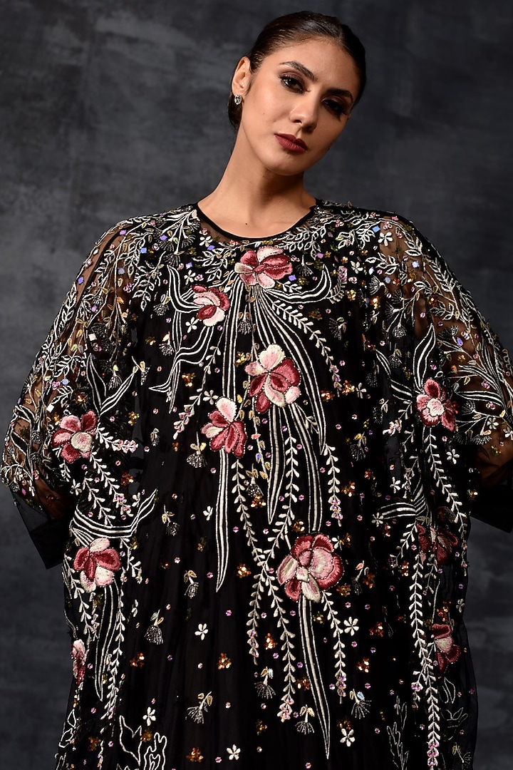 Black Net & Cotton Embroidered Cape Party Wear Dress by Samant Chauhan at Pernia's Pop Up Shop