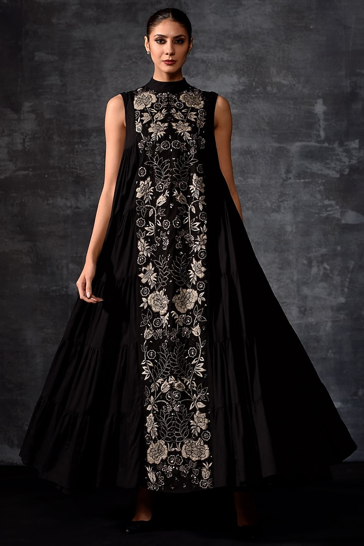 Black Cotton Silk & Cotton Embroidered Maxi Party Wear Dress by Samant Chauhan at Pernia's Pop Up Shop
